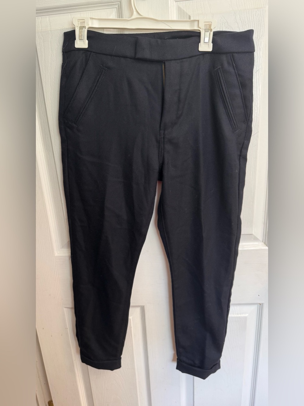 7 For All Mankind Black Wool Tapered Crop Trousers with Cuffed Hem - Size 28